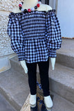 DLH2818 Black/white checkered top black legging girls outfit sets