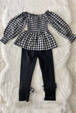 DLH2818 Black/white checkered top black legging girls outfit sets