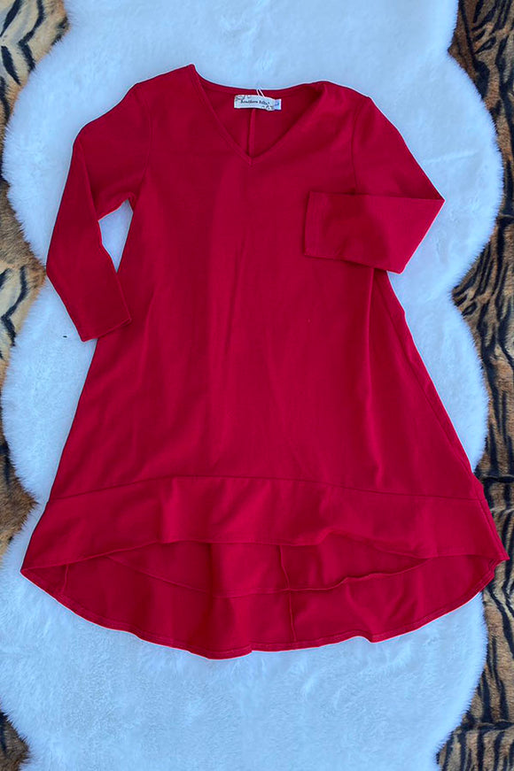 XCH0020-7H Solid red high-low style long sleeve girls dress w/ruffle