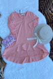 XCH0020-6H Pink long style ruffle bottom long sleeve girls dress