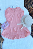 XCH0020-6H Pink long style ruffle bottom long sleeve girls dress