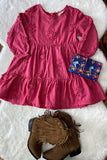 XCH03001 Hot pink floral embroidery long sleeve girls dress