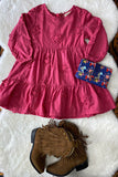 XCH03001 Hot pink floral embroidery long sleeve girls dress