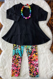 XCH04002 Black high-low style long sleeve top colorful leopard legging girls sets