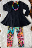 XCH04002 Black high-low style long sleeve top colorful leopard legging girls sets