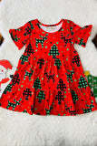 XCH03002 Christmas trees & deers print ruffle short sleeve girls dress