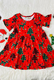 XCH03002 Christmas trees & deers print ruffle short sleeve girls dress