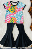 XCH04003 Colorful leopard prints top black bell bottom girls clothing sets