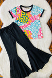 XCH04003 Colorful leopard prints top black bell bottom girls clothing sets