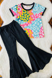 XCH04003 Colorful leopard prints top black bell bottom girls clothing sets