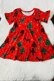 XCH03002 Christmas trees & deers print ruffle short sleeve girls dress