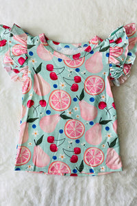 Wholesale Fruits printed girls blouse w/ruffle sleeves DLH2390