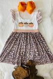 DLH2439 Wholesale Halloween pumpkin embroidery striped leopard print girls dress