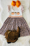 DLH2439 Wholesale Halloween pumpkin embroidery striped leopard print girls dress