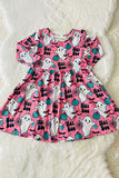 XCH0555-21H HEY BOO pink ghost & pumpkin printed long sleeve girl dress wholesale