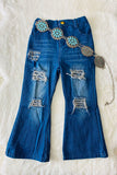 DLH2688 Kids Blue denim bell bottom pant girls jeans w/hole