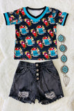 Wholesale Black & blue floral printed v-neck girl top DLH0821-3