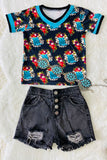 Wholesale Black & blue floral printed v-neck girl top DLH0821-3