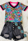 Wholesale Cow girl boots & hat cactus printed girls t-shirt DLH1215-26