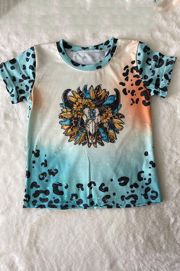 Bull skull & sunflower printed girl short sleeve top DLH1017-10