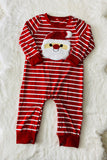 DLH2824 Christmas red white striped & santa patch long sleeve baby romper w/snap buttons