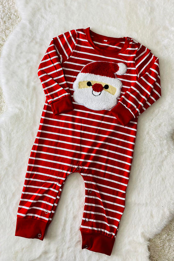 DLH2824 Christmas red white striped & santa patch long sleeve baby romper w/snap buttons