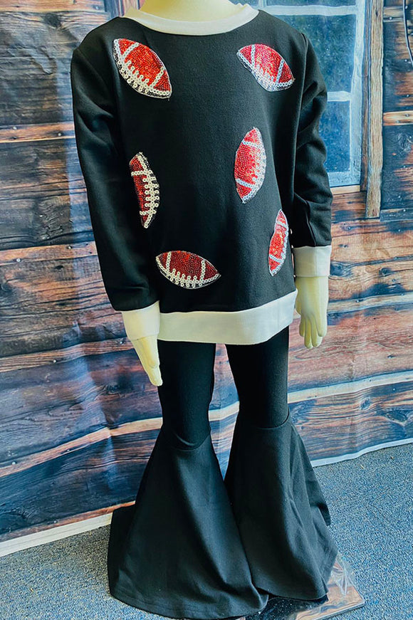 XCH0024-6H Brown sequin football embroidery top black bell bottom girls sets