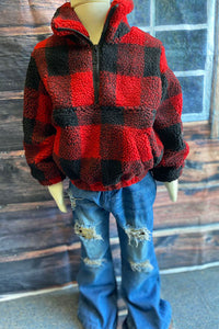 DLH2729 Wholesale Kids Red/Black plaid sherpa long sleeve pullover coat w/zipper and pocket