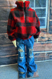 DLH2729 Wholesale Kids Red/Black plaid sherpa long sleeve pullover coat w/zipper and pocket