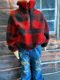 DLH2729 Wholesale Kids Red/Black plaid sherpa long sleeve pullover coat w/zipper and pocket