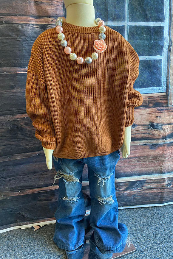 230143M Brown oversize pullover long sleeve girls sweater