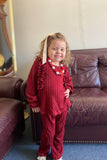 DLH2814 Burgundy knitted ruffle long sleeve top pant 2pc girls clothing sets