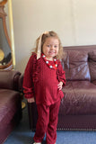 DLH2814 Burgundy knitted ruffle long sleeve top pant 2pc girls clothing sets