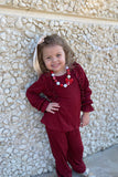 DLH2814 Burgundy knitted ruffle long sleeve top pant 2pc girls clothing sets