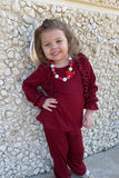 DLH2814 Burgundy knitted ruffle long sleeve top pant 2pc girls clothing sets