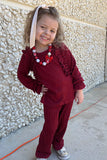 DLH2814 Burgundy knitted ruffle long sleeve top pant 2pc girls clothing sets