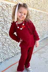 DLH2814 Burgundy knitted ruffle long sleeve top pant 2pc girls clothing sets