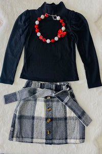 DLH2817 Black knitted long sleeve top flannel skirts girls outfit sets