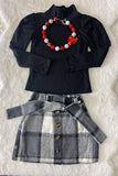 DLH2817 Black knitted long sleeve top flannel skirts girls outfit sets