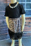 XCH04004 Black short sleeve top leopard suege fringe skirt 2pc girls sets