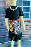 XCH04004 Black short sleeve top leopard suege fringe skirt 2pc girls sets