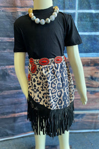 XCH04004 Black short sleeve top leopard suege fringe skirt 2pc girls sets