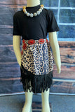 XCH04004 Black short sleeve top leopard suege fringe skirt 2pc girls sets