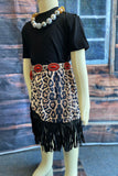 XCH04004 Black short sleeve top leopard suege fringe skirt 2pc girls sets