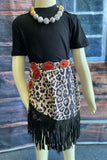 XCH04004 Black short sleeve top leopard suege fringe skirt 2pc girls sets