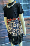 XCH04004 Black short sleeve top leopard suege fringe skirt 2pc girls sets