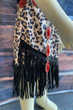 XCH04004 Black short sleeve top leopard suege fringe skirt 2pc girls sets