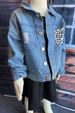 DLH2550 Blue denim & leopard print washed girls jacket/coat