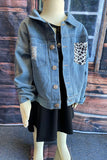 DLH2550 Blue denim & leopard print washed girls jacket/coat