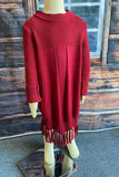 DLH2516 Burgundy knit long sleeve girls sweater dress w/tassels